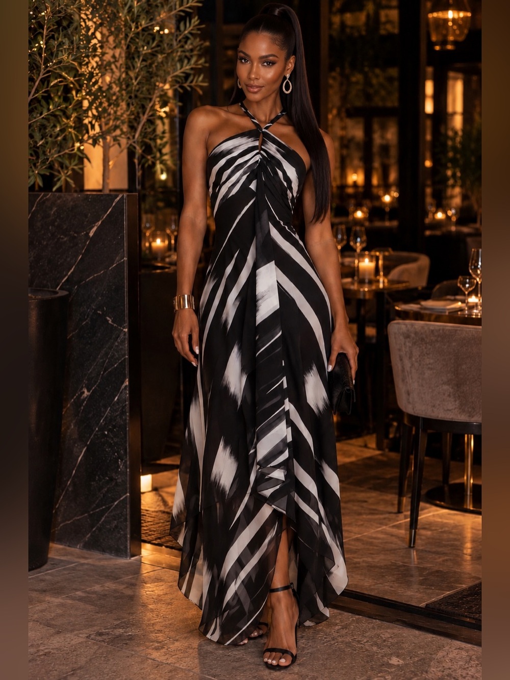 White House Black Market Black & White Halter Maxi Dress – Size 2